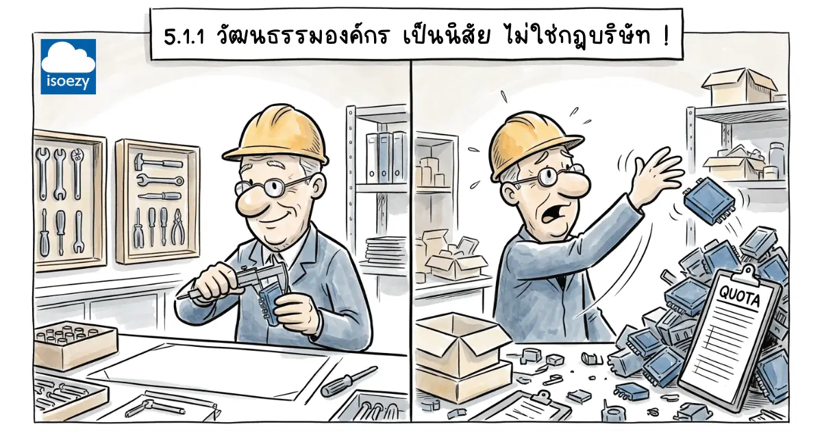 การ์ตูนเปรียบเทียบพนักงานตรวจสอบงานอย่างประณีตกับการเร่งทำตามโควตาจนของเสียหาย ข้อกำหนด 5.1.1 วัฒนธรรมองค์กร
