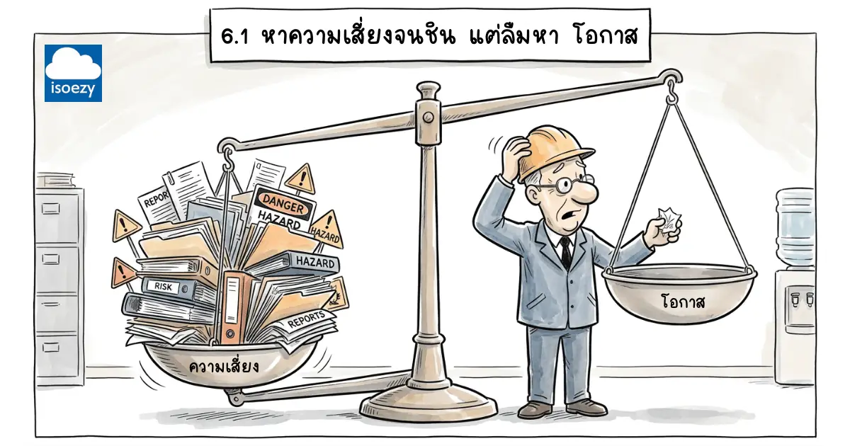 การ์ตูนตาชั่งเปรียบเทียบความเสี่ยงและโอกาสในระบบคุณภาพ ISO 9001 ข้อกำหนด 6.1