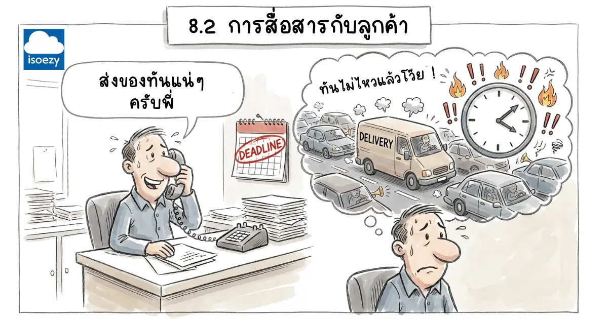 การ์ตูนพนักงานเครียดรับโทรศัพท์ลูกค้าเร่งของท่ามกลางรถติด ข้อกำหนด 8.2 การสื่อสารกับลูกค้า