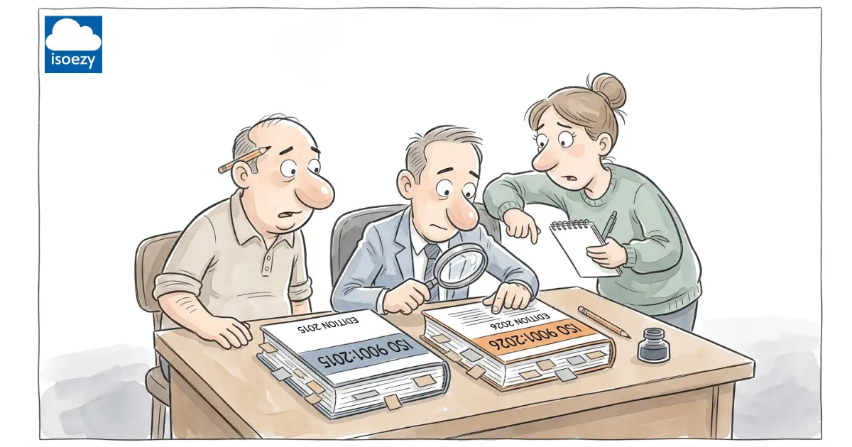 การ์ตูนเปรียบเทียบเอกสารมาตรฐาน ISO 9001:2015 กับ 2026